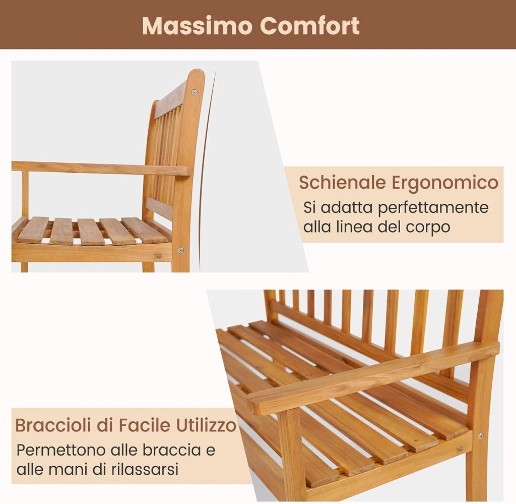 Panchina da Esterno in Legno di Acacia, Panchina con Schienale, Braccioli e Sedile a Doghe, Panchina da Giardino, Balcone e Cortile, Portata 360 kg (122 x 56,5 x 86 cm)