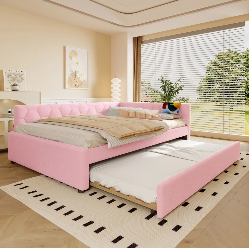 Daybed 140x200 cm con rete, divano letto estraibile multifunzione, luce da comodino, USB e Type-C, rosa