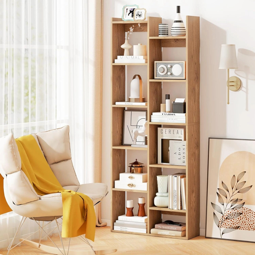 Scaffale in Legno per Libri, Libreria a 12 Ripiani con Kit Anti-Ribaltamento, Unità di Stoccaggio a Forma di Albero, Ideale per Casa Ufficio, 65 x 20 x 162 cm (Naturale)