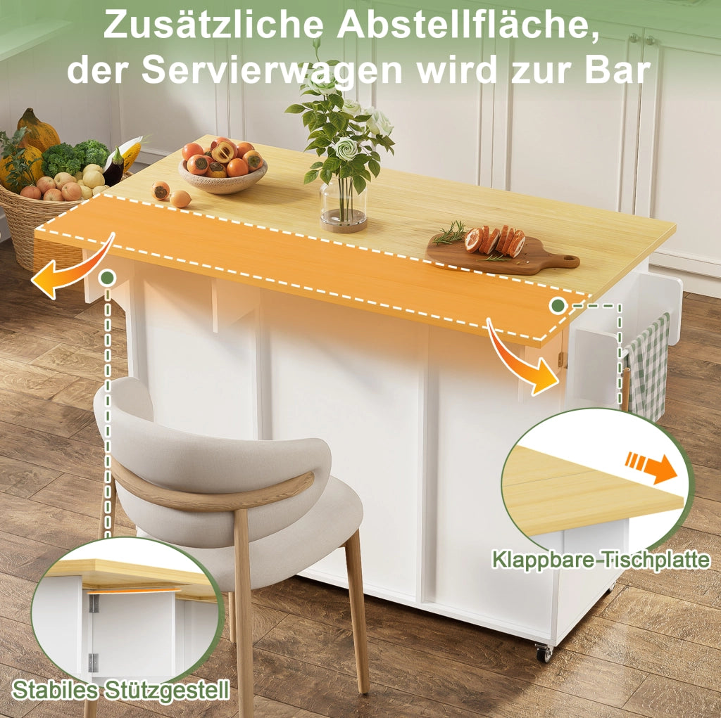 Isola da cucina su ruote con piano ribaltabile 120x45(70)x92 cm in MDF natural e bianco
