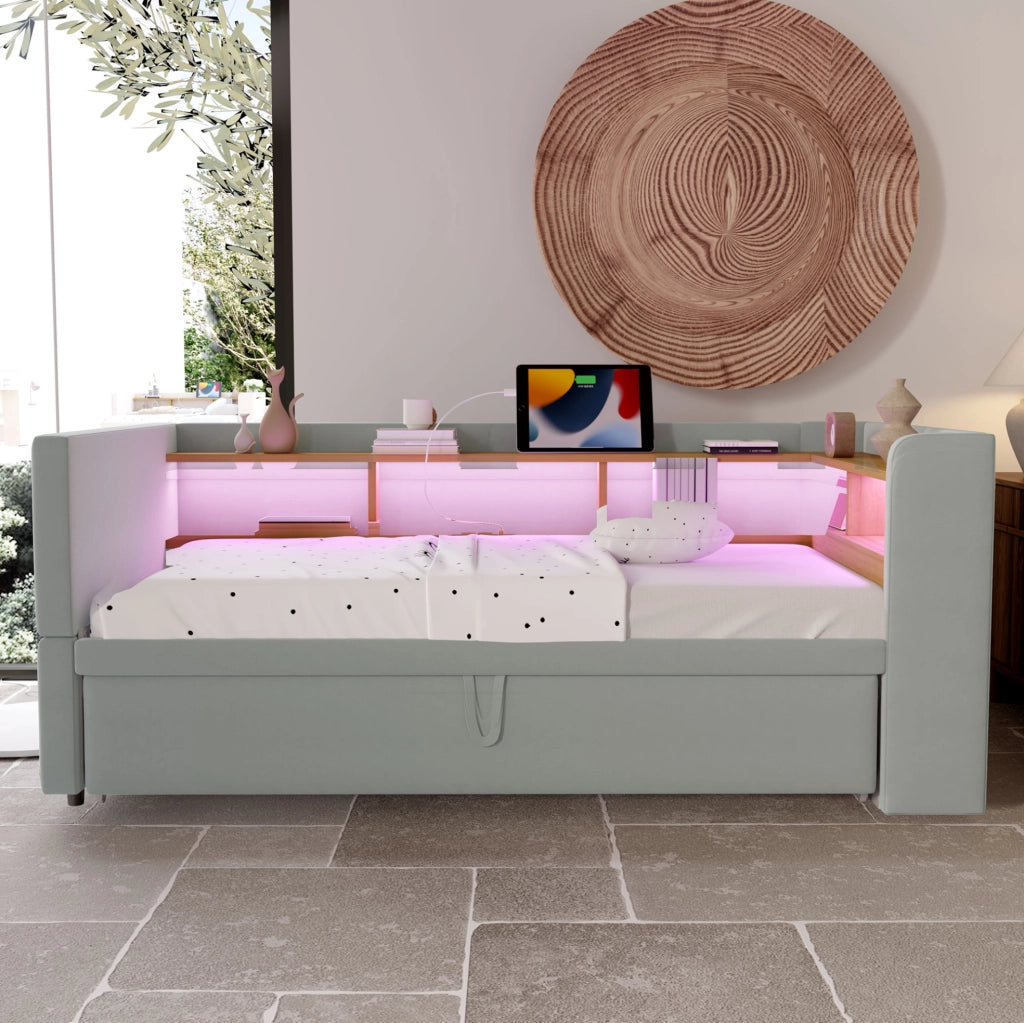 Divano letto 90/180 x 190 cm; con vani portaoggetti; Flanella; Grigio chiaro
