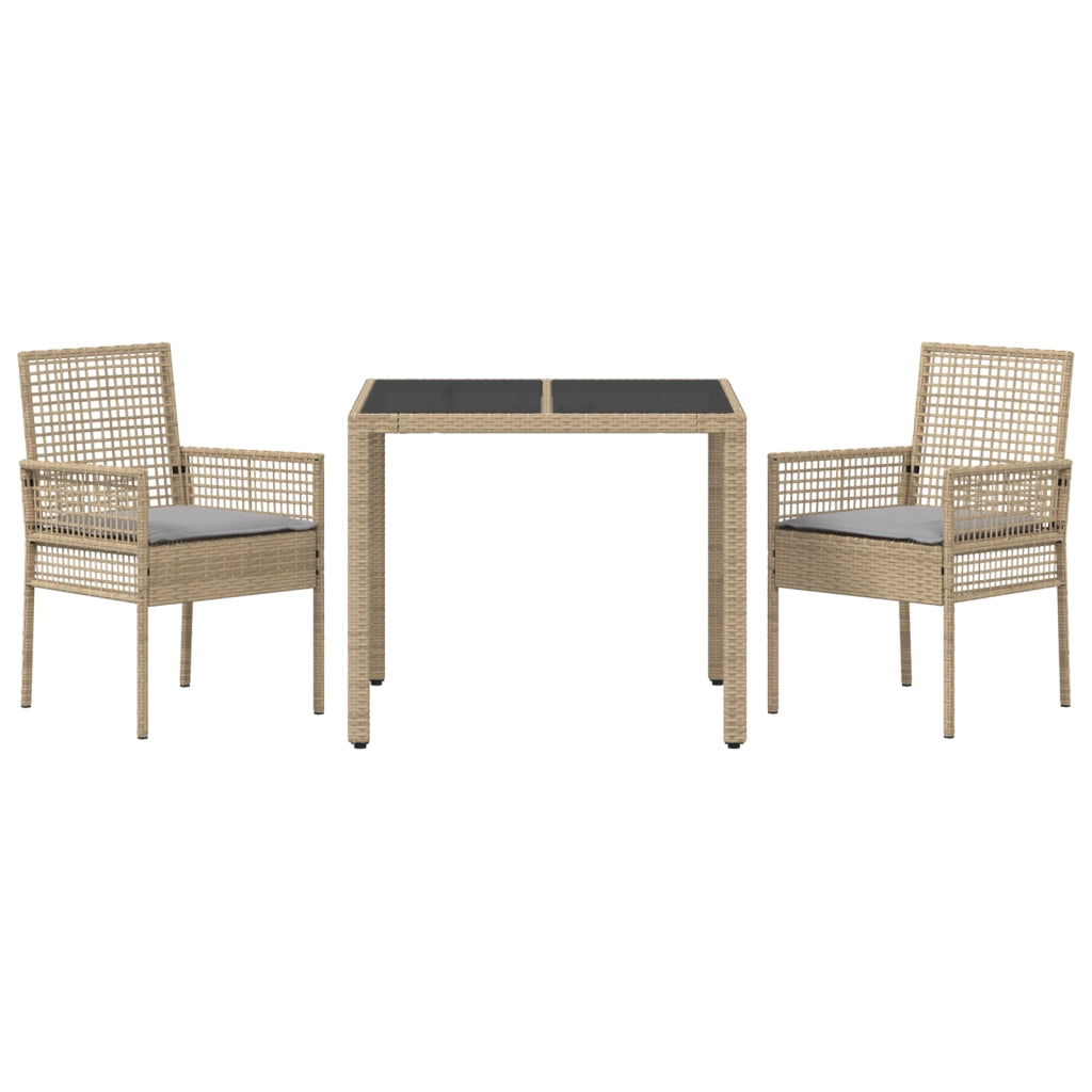 Set da Pranzo da Giardino a 3 Pezzi con Cuscini Beige in Polyrattan