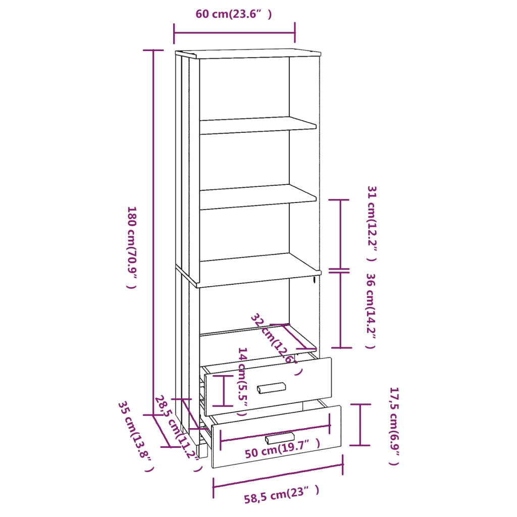 Credenza-Buffet-Armadio da cucina HAMAR Bianca 60x35x180 cm in Legno Massello di Pino