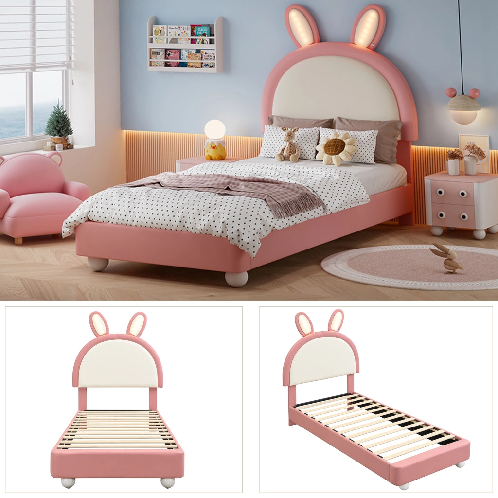 Letto per bambini 90 × 200 cm con testiera a coniglio, LED, bordo anticolpo morbido, senza materasso, rosa