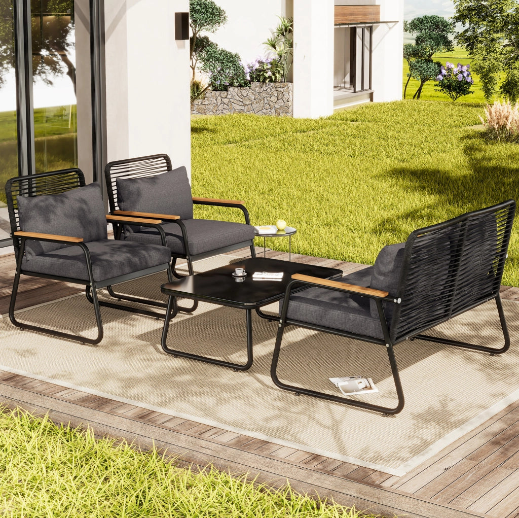 Set da giardino modulare a 5 posti con 2 tavolini impilabili; struttura in ferro zincato; grigio