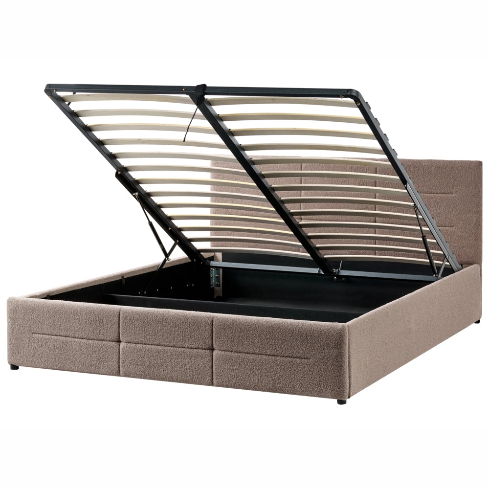 Letto ottomano tortora bouclé 160x200 cm con testiera sollevabile e base a doghe Design moderno