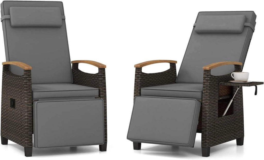 Poltrona Reclinabile da Giardino, Sedia Relax Esterno in Rattan con Schienale Regolabile a 150°, Poggiapiedi e Tavolino Pieghevole, Portata 180 kg, per Patio, Cortile e Terrazzo (Bianco,1)