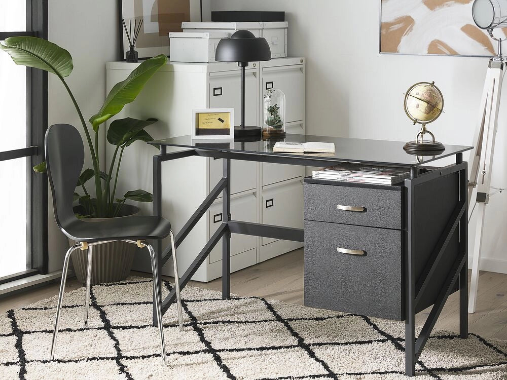 Scrivania Home Office Struttura in metallo Nero Piano in vetro temperato 117 x 57 cm Cassetti portaoggetti Design industriale moderno