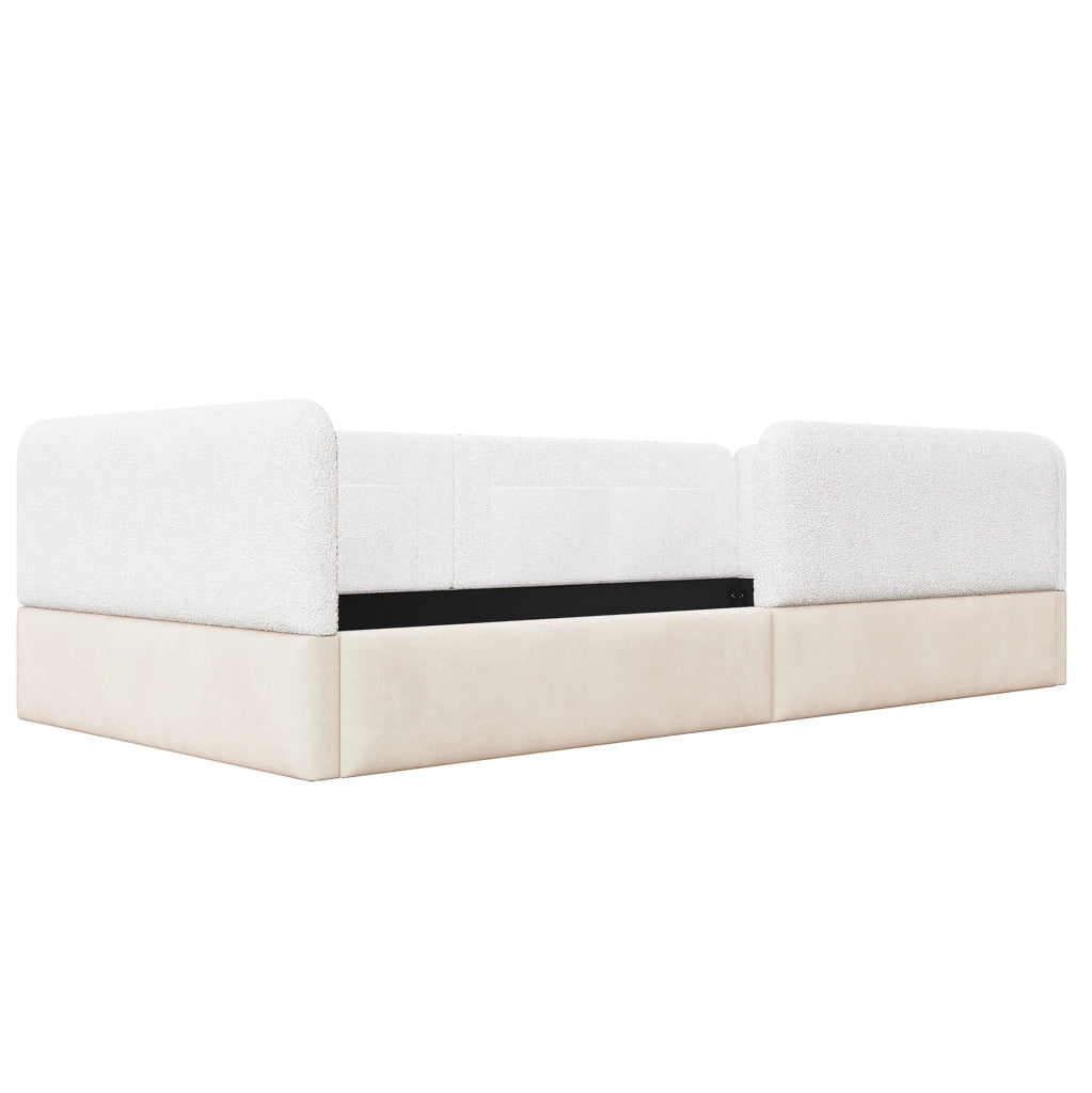 Letto a piattaforma imbottito 90x200 cm con sponde protettive e tasche portaoggetti, bianco