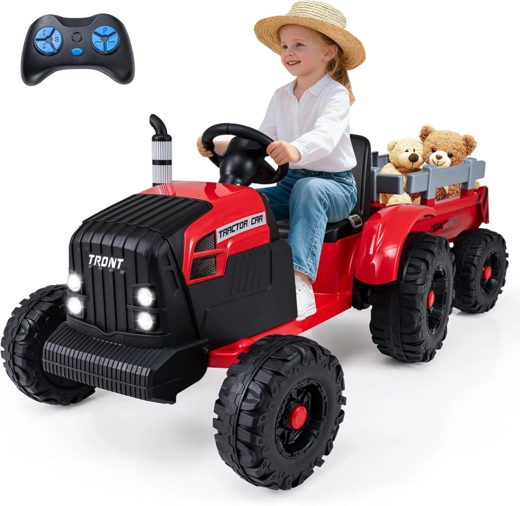 24V Trattore Elettrico per Bambini, Veicolo con Rimorchio Staccabile, Telecomando, Musica, Porta USB, Partenza Morbida, Fari LED, per Bambini 3-8 Anni (Verde)