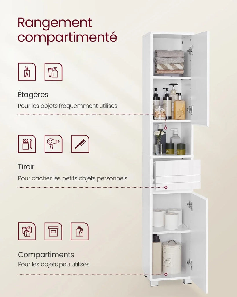 Mobiletto da bagno mobile contenitore colonna con cassetto ripiani regolabili scomparti 30 x 30 x 170 cm bianco 12_0004018