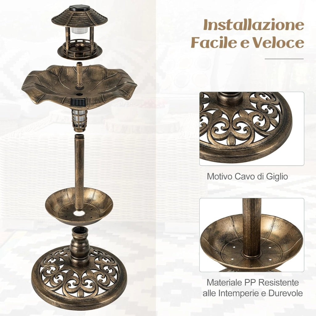 Vasca per Uccelli da Giardino a Energia Solare, Abbeveratoio e Mangiatoia per Uccelli da Esterno con 2 Lampade a Energia Solare, Fioriera e Supporto Riempibile(Bronzo Antico, 43 x 43 x 110 cm)
