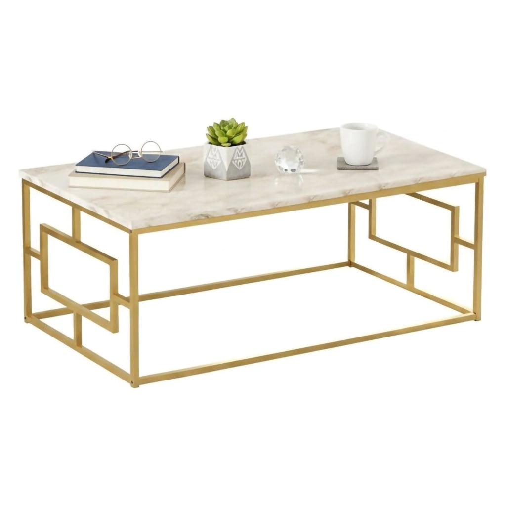 Tavolino da salotto Franca, Tavolo basso da caffè, Portariviste per divano, Ripiano da soggiorno, 100x60h40 cm, Bianco Marmo e Oro