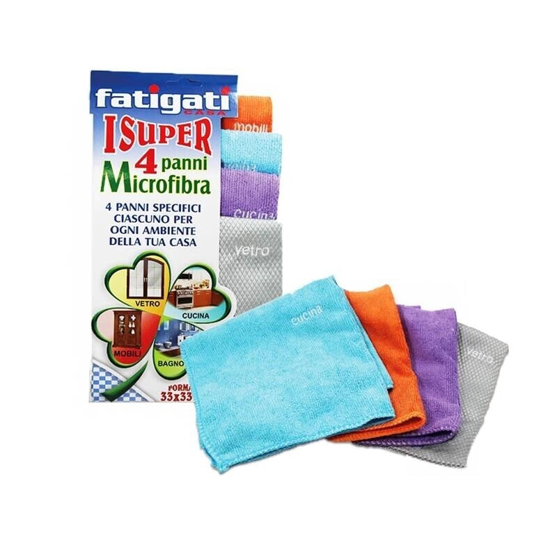 SUPER 4 PANNI IN MICROFIBRA 4 PZ CIASCUNO PER OGNI AMBIENTE DELLA TUA CASA COLORI ASSORTITI