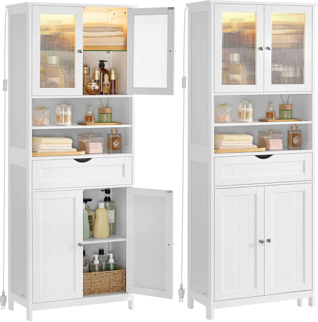 VASAGLE Mobiletto Contenitore, Armadietto da Bagno, con Ripiani Regolabili, Cassetto, Scomparti Aperti, per Bagno, Soggiorno, Sala da Pranzo, Bianco Nuvola BBC768W01
