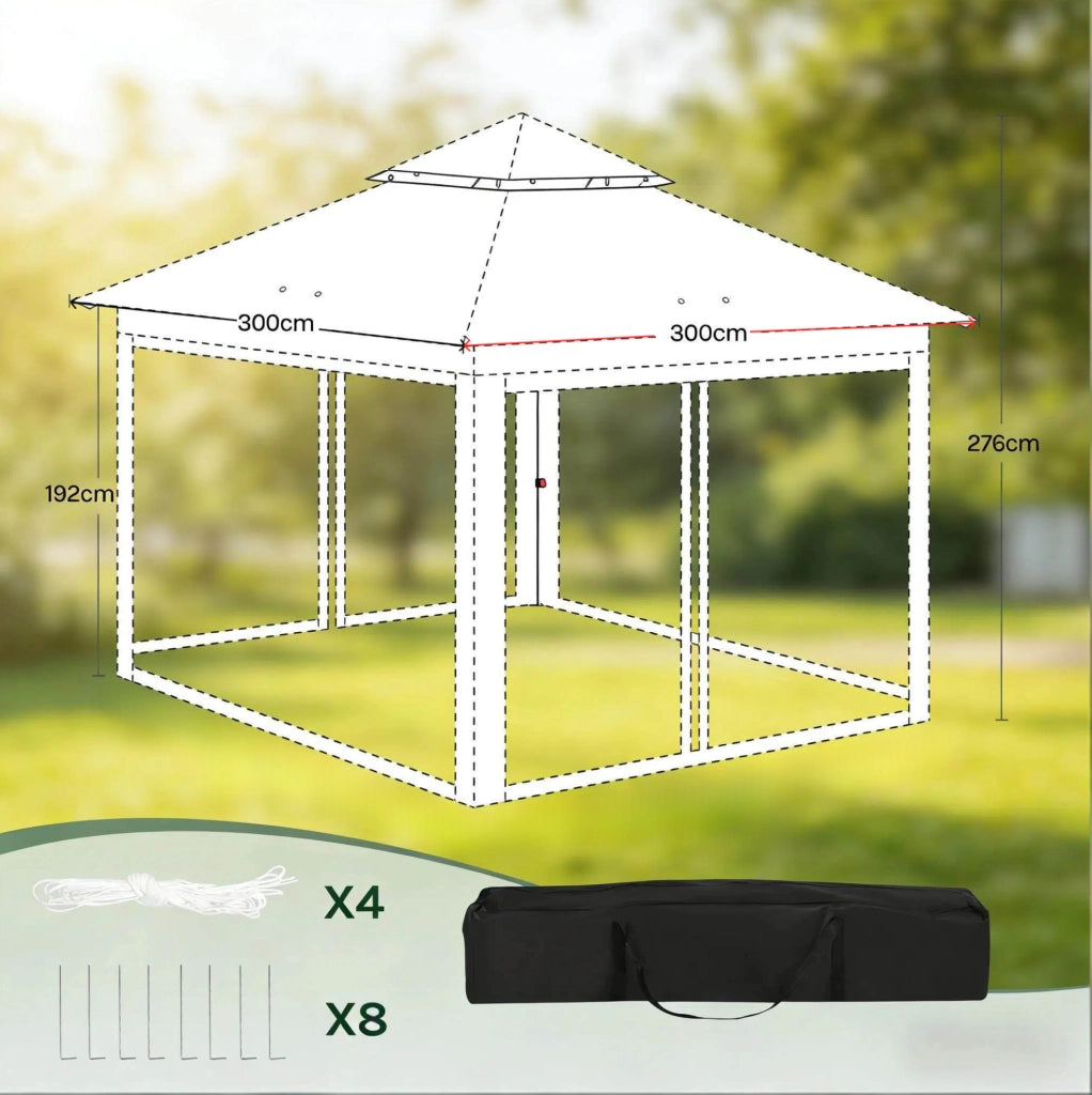 Gazebo pieghevole 3 x 3 m con altezza regolabile e tenda a rete