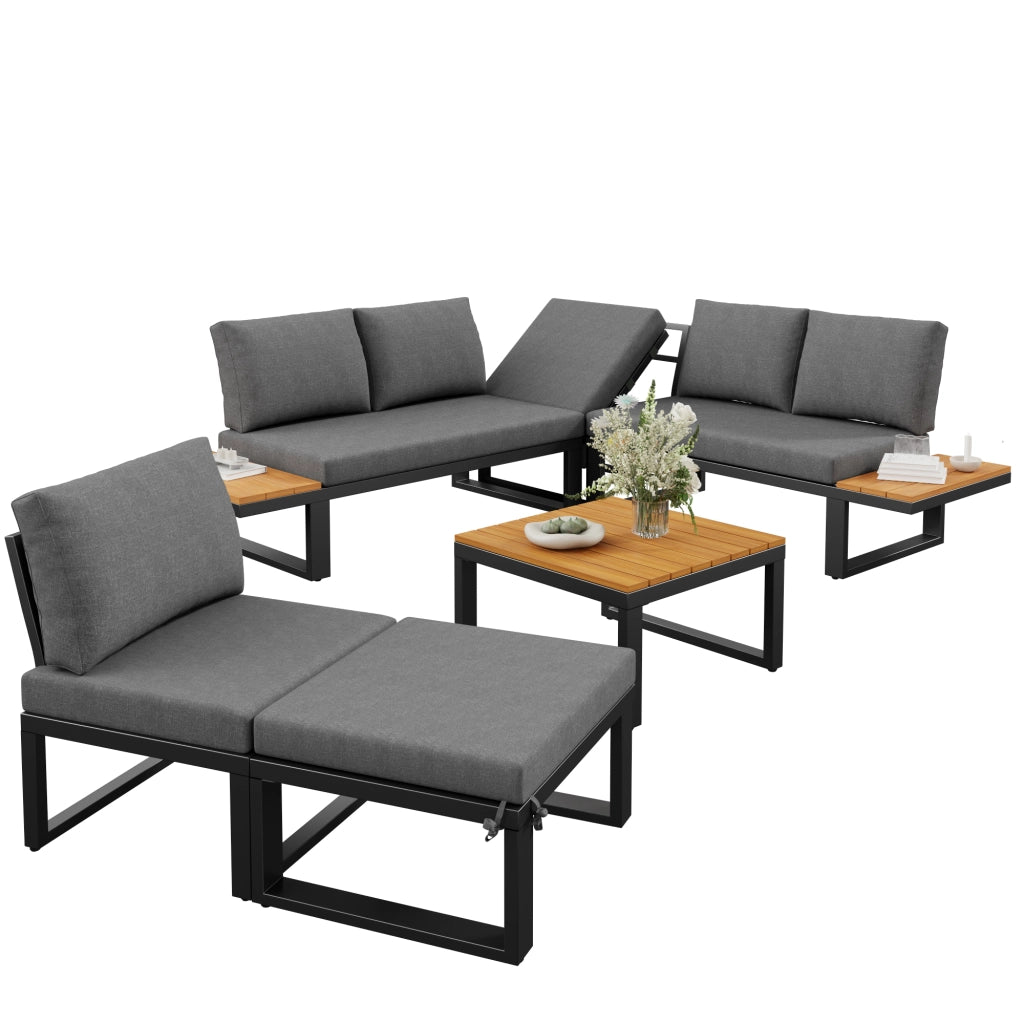 Set Lounge Divano Angolare da Giardino Esterno 6 Pezzi con Tavolino e Cuscini ¨C MINIMAL ¨C Acciaio, Grigio/Beige