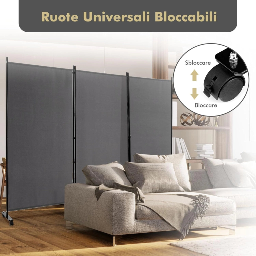 Paravento da Interno in Metallo, Separé Divisorio Interno Pieghevole con Piedini Stabili, Pannelli Divisori per Interni per Casa e Ufficio (Grigio, 262 x 180 cm (3 Pannelli con ruote))