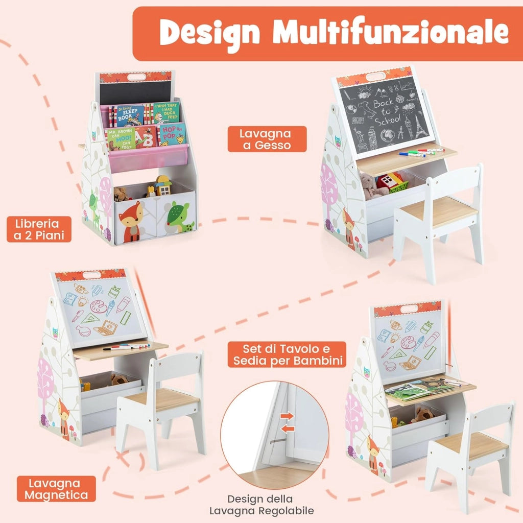 Cavalletto per Bambini Doppio Lato, Set Tavolo e Sedia per Bambini con Lavagna Magnetica e Lavagna Bianca, Contenitore in Tessuto e Libreria(Bianco)