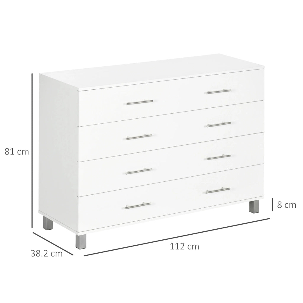 Cassettiera 4 Cassetti 112x38,2x81 cm in Legno con Maniglie in Metallo Bianco