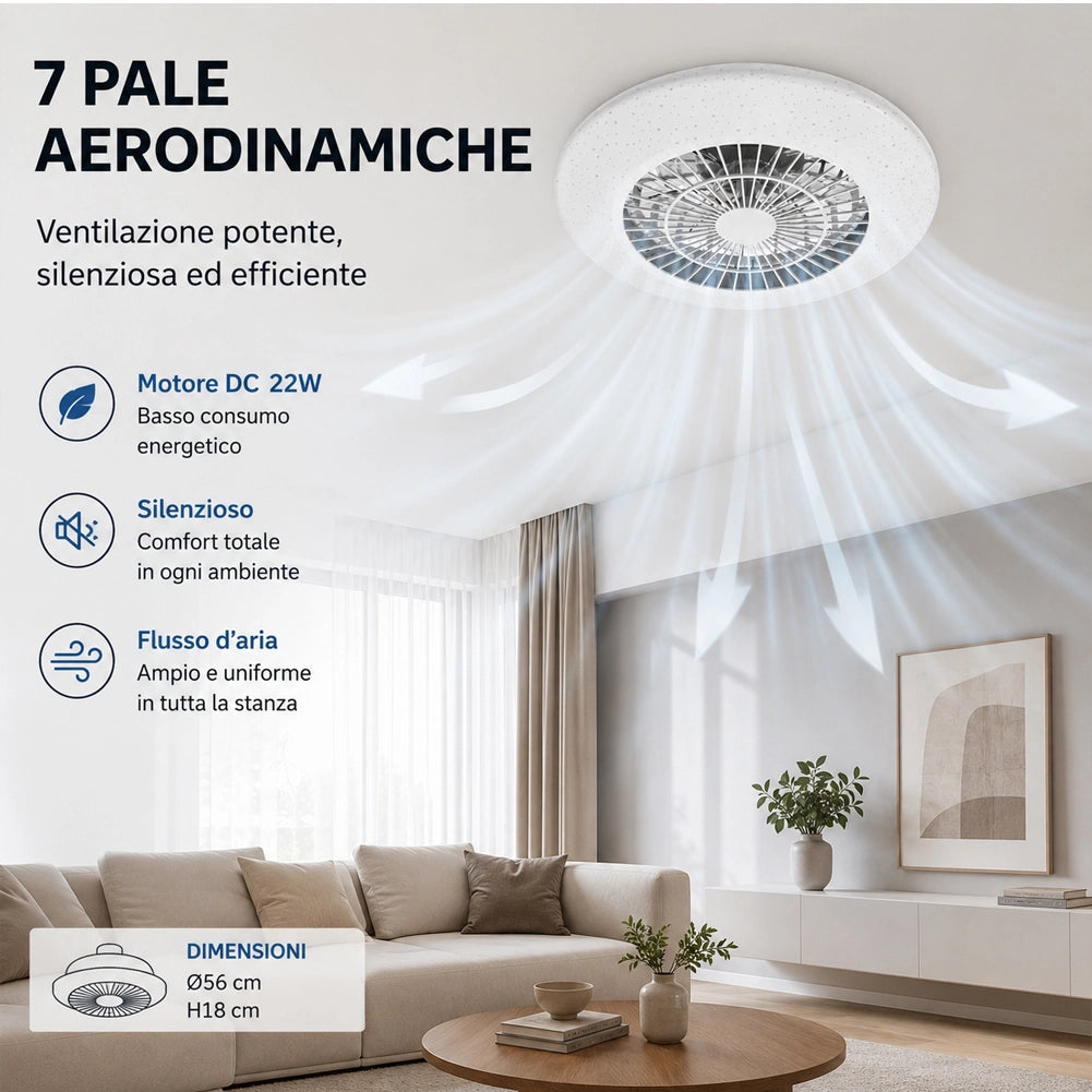 Ventilatore da Soffitto con Luce Led Dimmerabile Diametro 56cm 62W 7 Pale