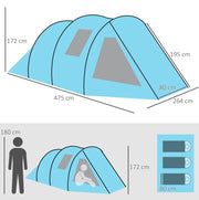 Tenda tunnel per 4 persone a 2 ambienti, blu, con protezione UV e borsa da trasporto