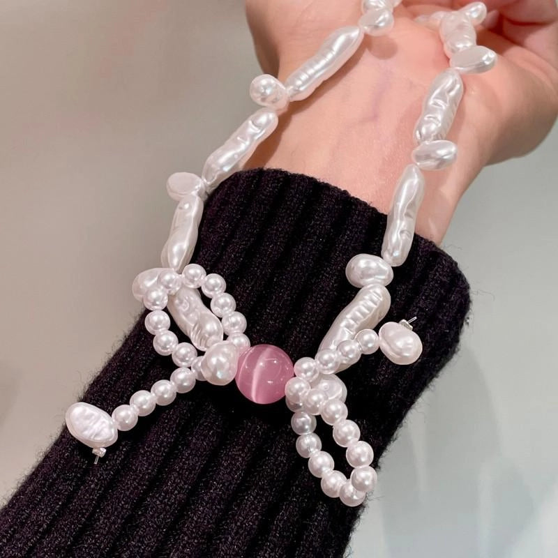 Collana con fiocco di perle rosa fatta a mano, regalo di Natale o di compleanno.