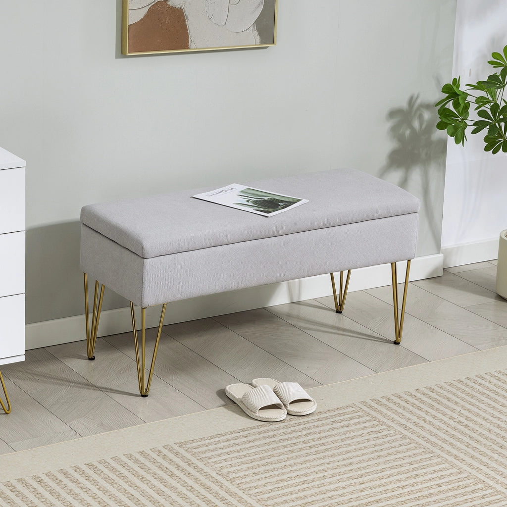Pouf Piede Letto Imbottito in Tessuto Grigio con Gambe in Acciaio ¨C zephmum ¨C Grigio Chiaro