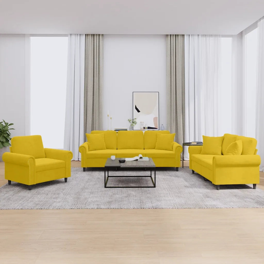 Set di Divani 3 pz con Cuscini Giallo in Velluto