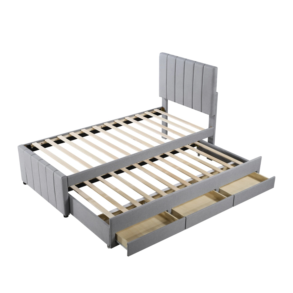 OKWISH Letto con Cassetti 90×200 cm, Letto Singolo con Letto Estraibile, 3 Cassetti e Testiera Regolabile, senza Materasso, Grigio