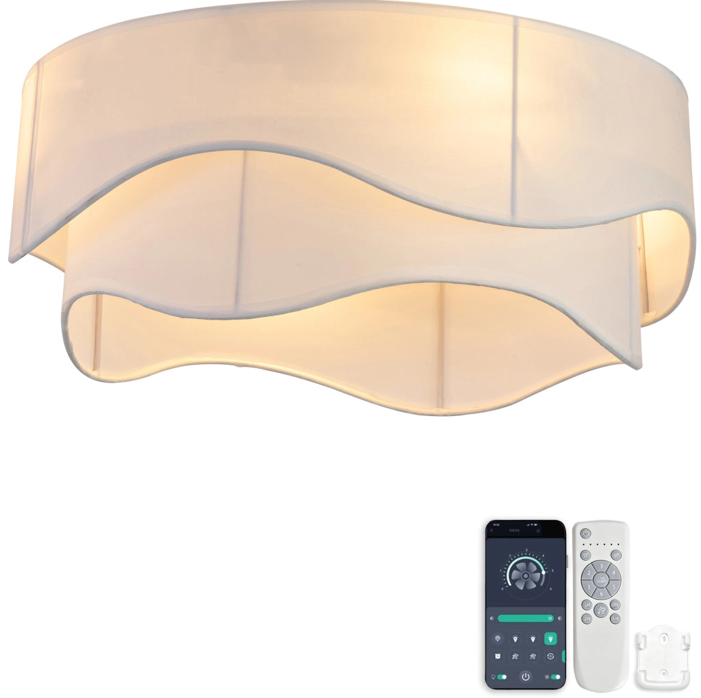 Ventilatore da soffitto con luce in tessuto; controllo Bluetooth e telecomando; oro e bianco