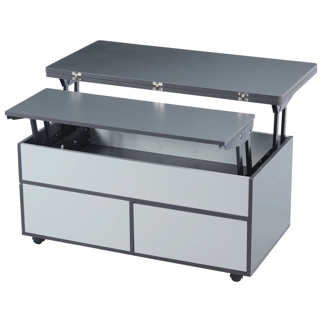 Tavolo da caff¨¨ regolabile in altezza - Zephmum- 100x98x65cm grigio-bianco con ruote, cassetti e ampio spazio di archiviazione nascosto