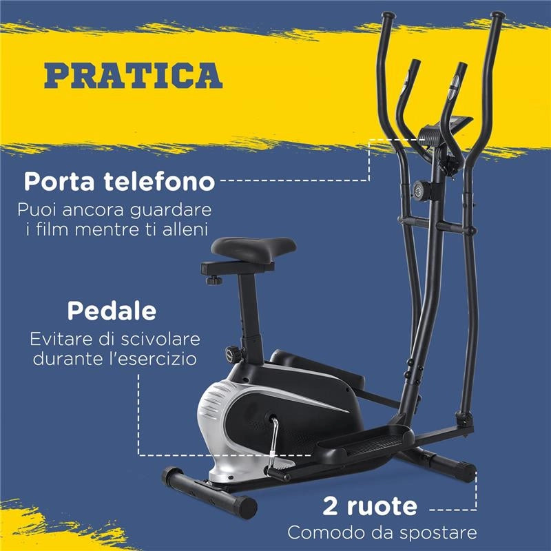 CYCLETTE BICI ELLITTICA MAGNETICA CON SCHERMO LCD, 8 LIVELLI DI RESISTENZA E SEDILE REGOLABILE, 103X62X151CM NERO