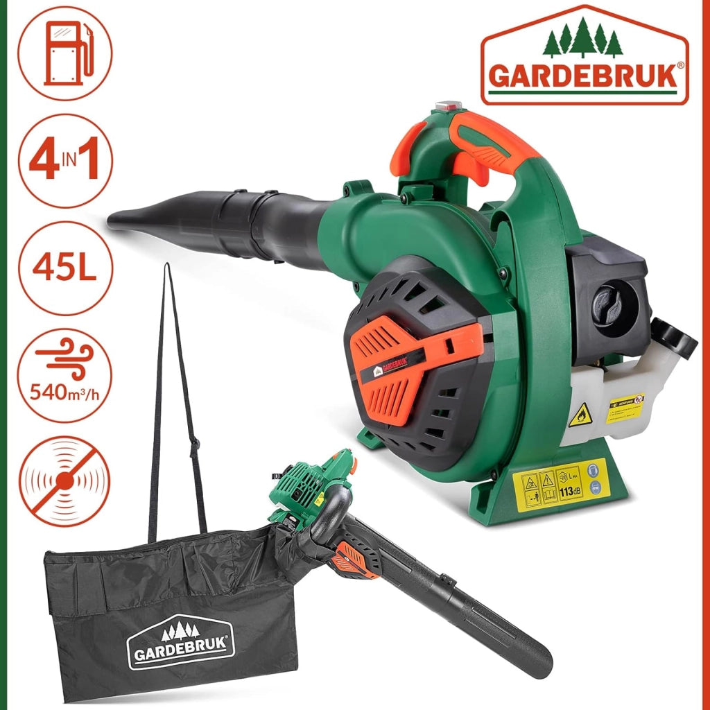 Monzana Soffiatore 3in1 a Benzina 7000 rpm Sacco 45L Attrezzi Aspiratore Trituratore Aspirafoglie Verde