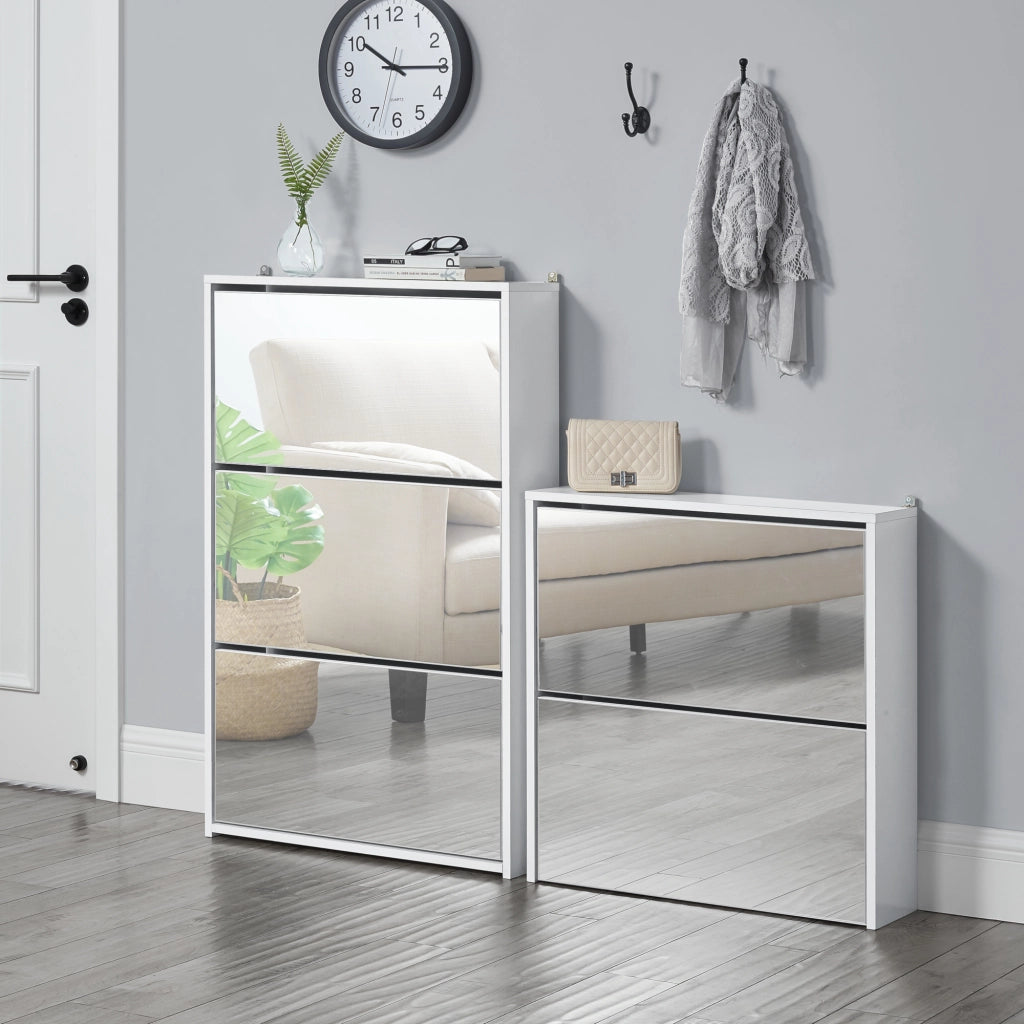 Scarpiera Stretta Lund con Ante a Specchio e 2 Contenitori Ribaltabili - Bianco [en.casa]
