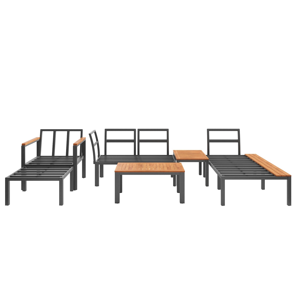 Set Divano da Giardino Modulare ¨C MINIMAL ¨C Polyrattan Grigio con Cuscini e Tavolino in Legno