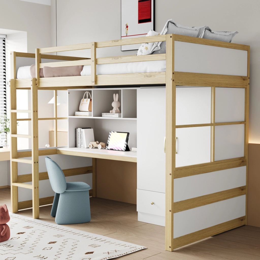 Letto a soppalco 90x200 cm in legno naturale con scrivania; armadio e cassetti