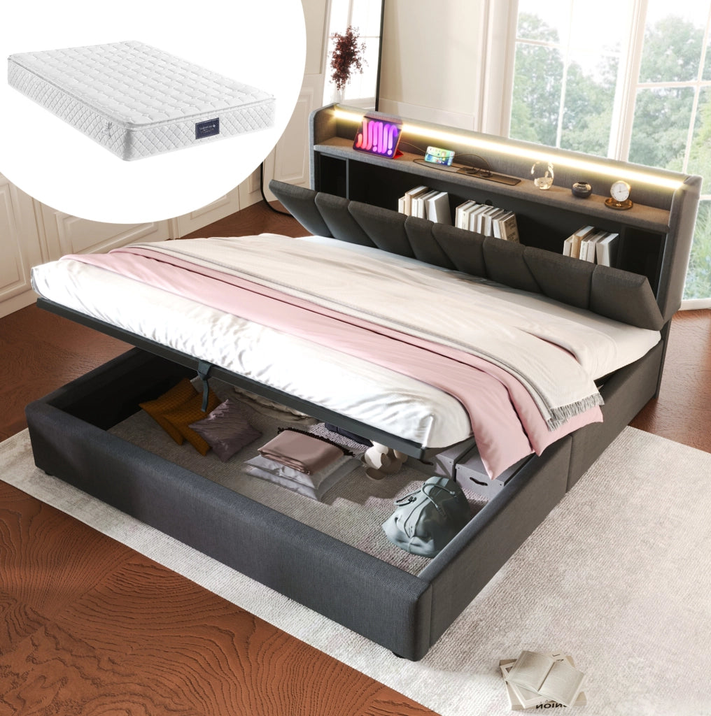 Letto matrimoniale 140x200 grigio con LED, USB e materasso