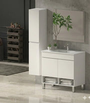 Mobile Bagno NEBARI com gambe Già Montato 2 portas, lavabo e specchio Bianco lucido 90x40 cm con colonna