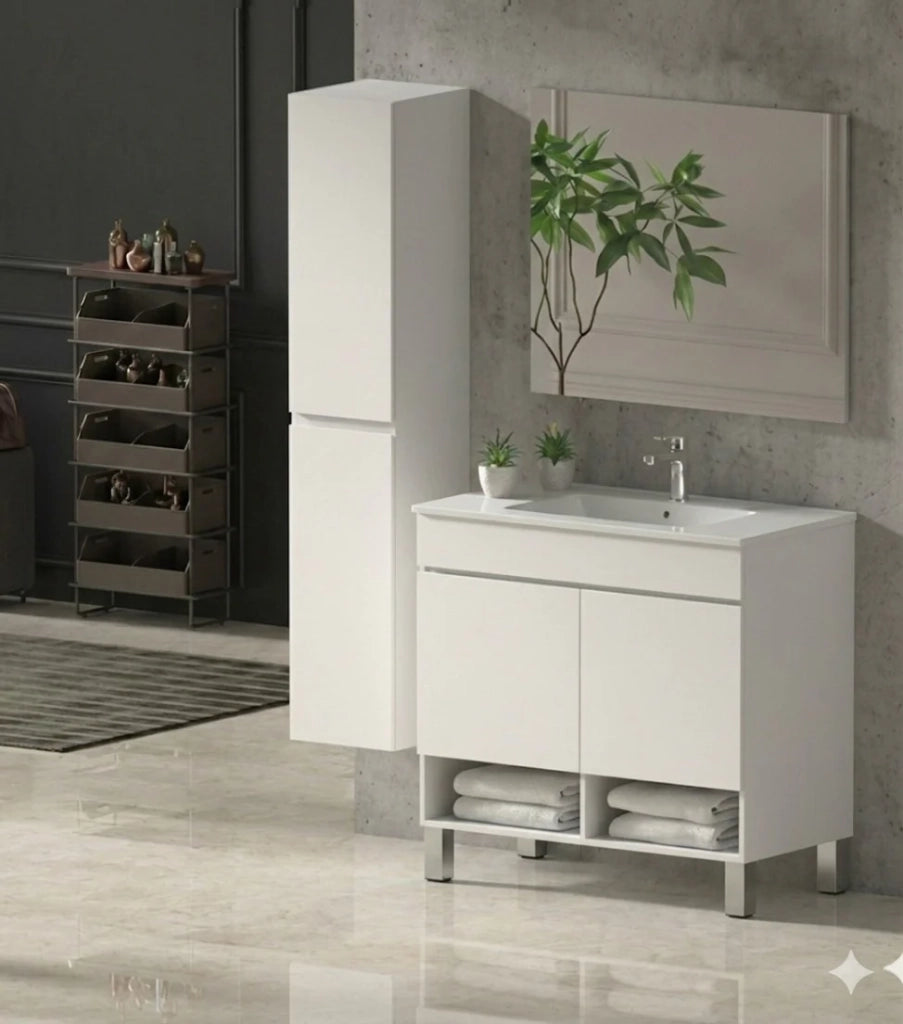Mobile Bagno NEBARI com gambe Già Montato 2 portas, lavabo e specchio Bianco lucido 90x40 cm con colonna