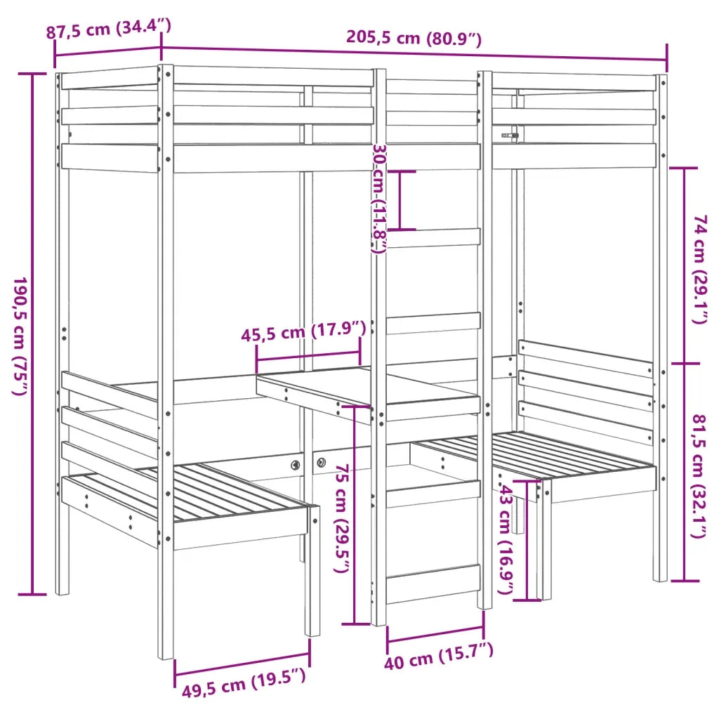 Letto singolo | Letto per adulti | Giroletto Soppalco con Scrivania e Sedie 80x200cm Legno Pino
