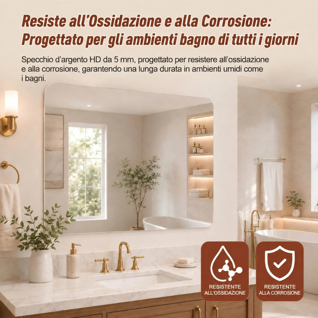 Specchio da Bagno 90x70 cm Senza Cornice; Angoli Arrotondati; Vetro Argento HD 5 mm; Argento