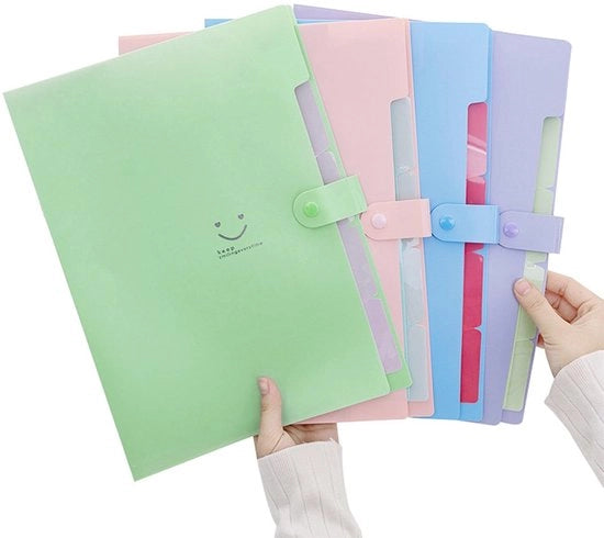 Pacco di 4 cartelle A4 pieghevoli, cartellone portatile con 5 cassettoni, cartella documenti portatile, cartellone A4 con 4 etichette adesive (Smile)