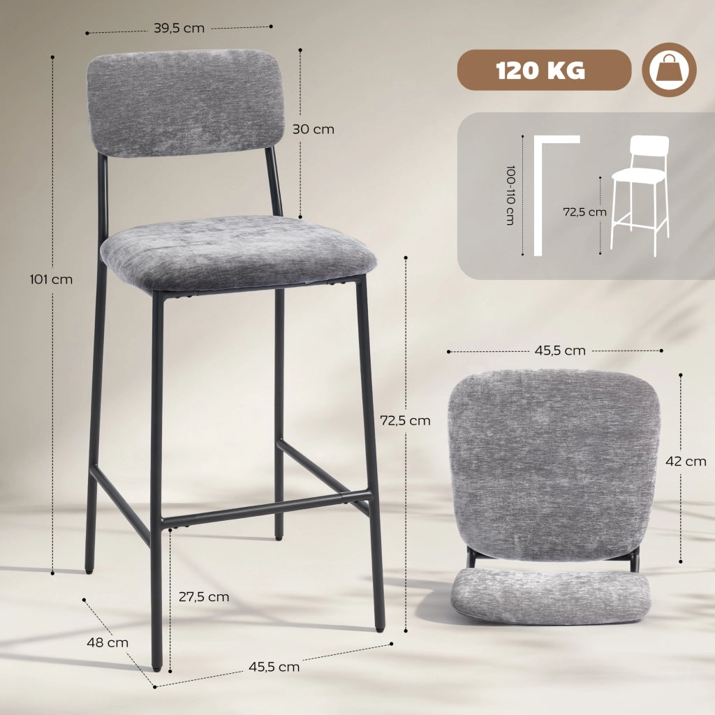 Set 2 Sgabelli da Bar Imbottiti ¨C Xylo ¨C Tessuto Chenille Grigio, Schienale Alto, 45.5x48x101cm