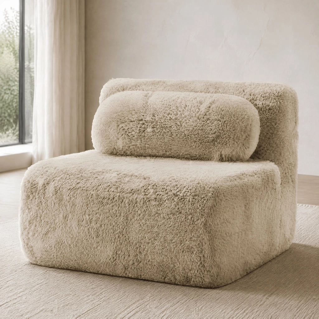 Divano modulare senza braccioli in tessuto plush kaki chiaro con base antiscivolo per salotto