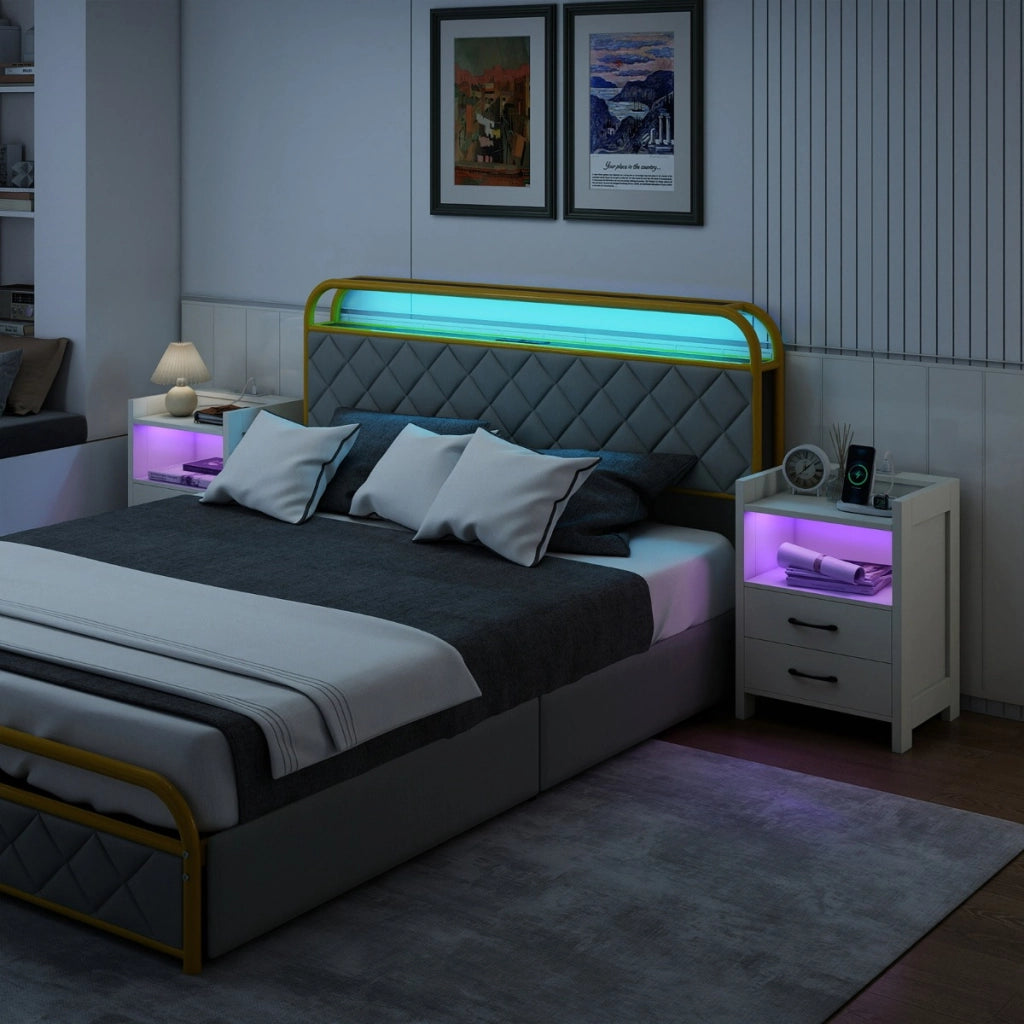 Tavolino moderno per divano per soggiorno e camera da letto, Comodino con luci LED e prese di corrente Bianco