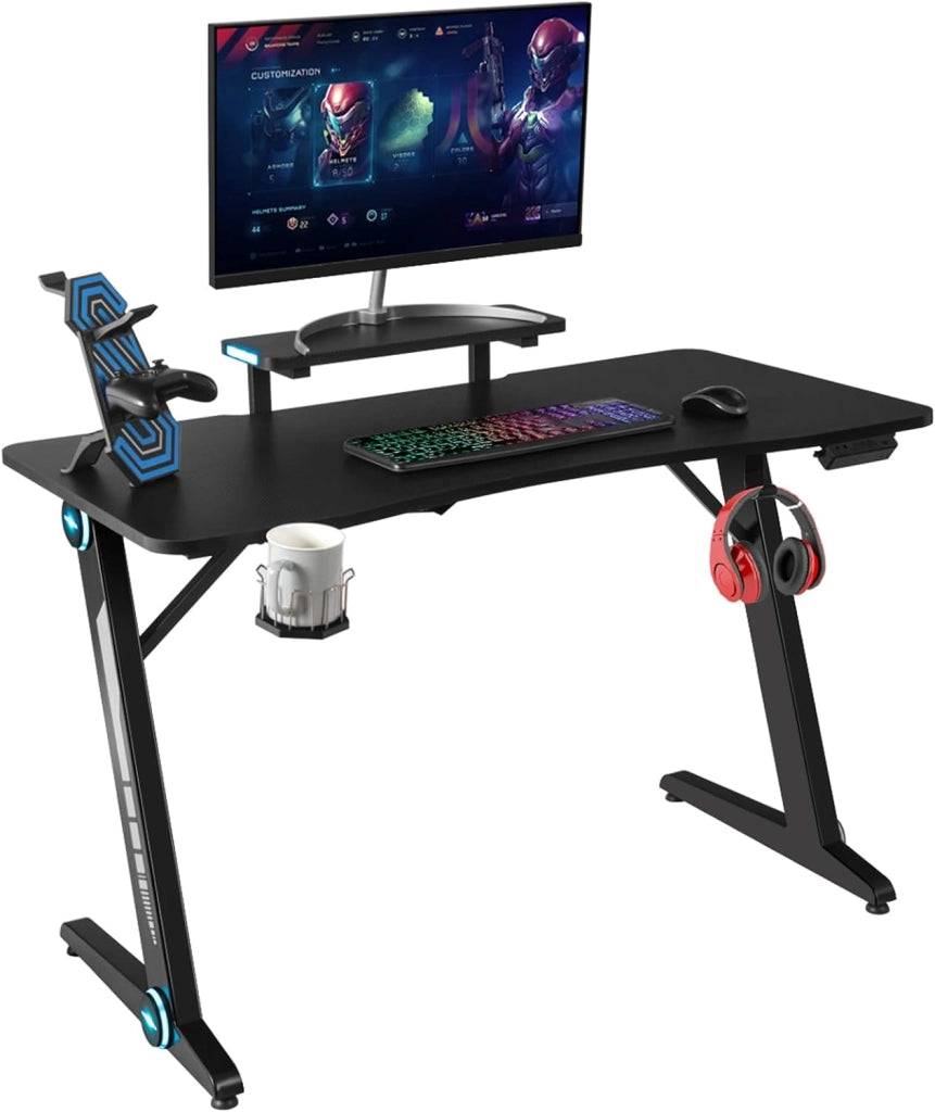 Scrivania da Gaming con Alzata e Luci RGB, Postazione da Gaming per Computer, con Porta Bicchiere e Gancio per Cuffie