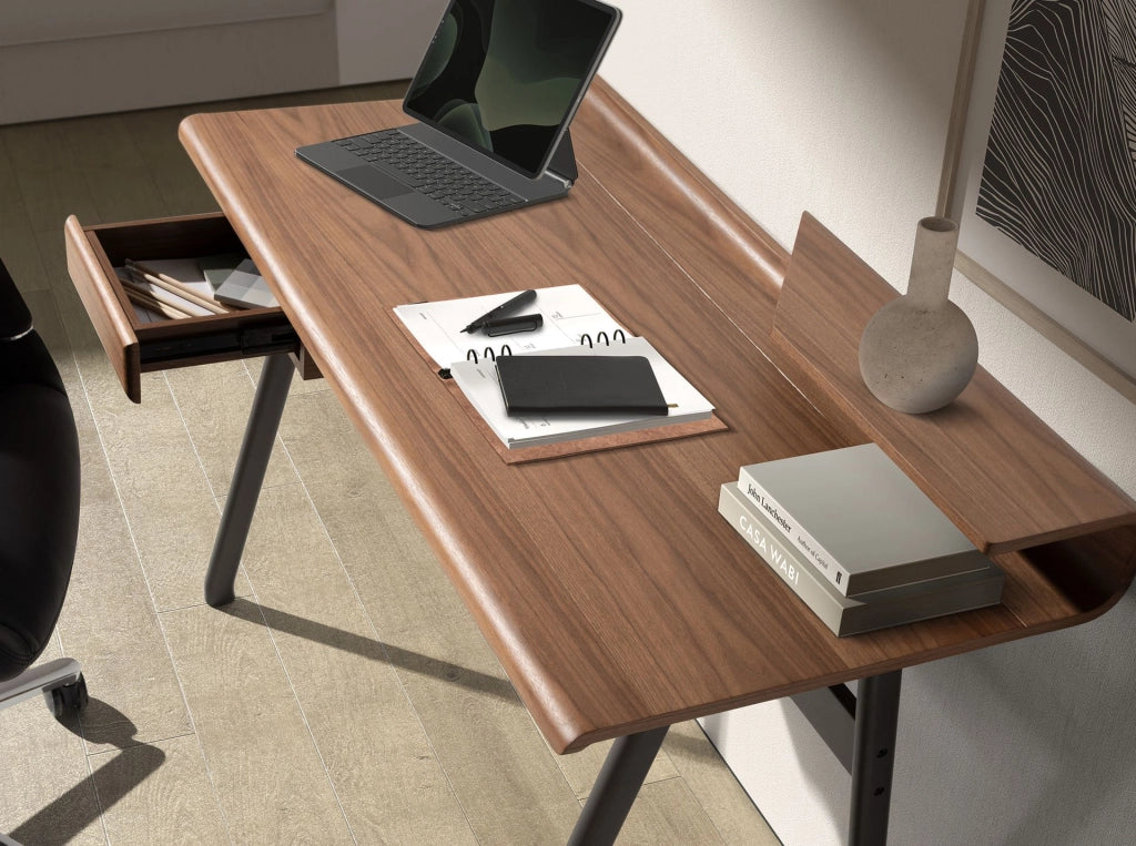 Scrivania in noce e fibra di vetro color grigio scuro metallizzato