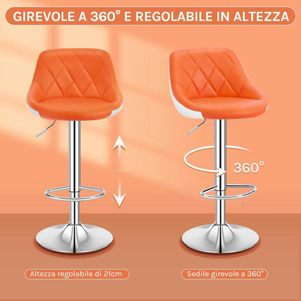 Sgabelli cucina, Sgabelli da Bar Set di 4, Sedia da Bar Girevole Regolabile in Altezza, con Schienale Poggiapiedi, Sgabello in PU da Cucina, Arancione, BH30or-4