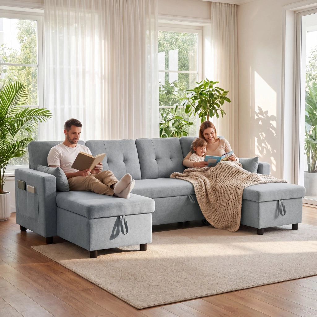 Divano letto angolare con contenitore ¨C Minimal ¨C Grigio, Tessuto, 240x220x90 cm